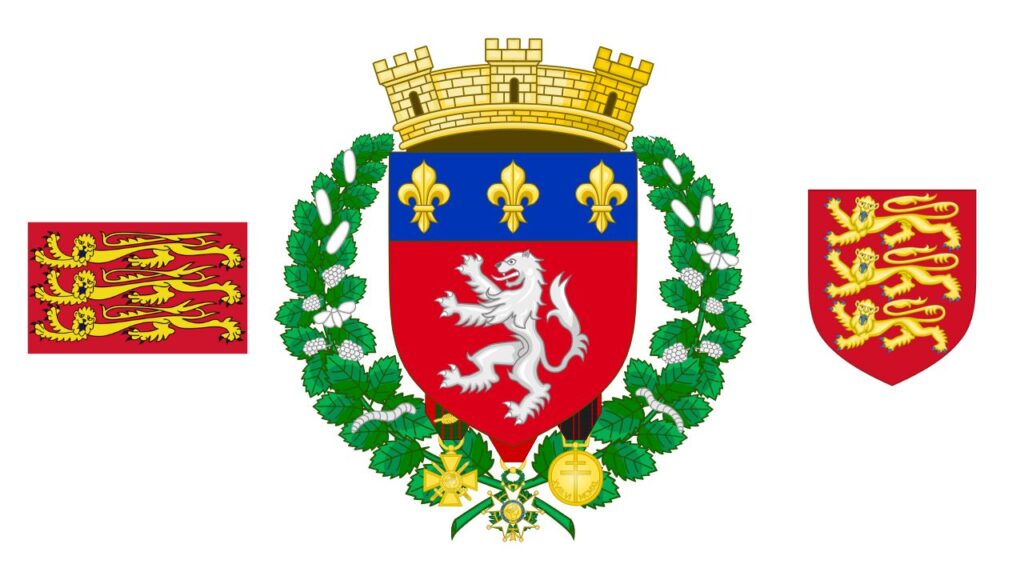 A golden lion rampant on a red field bordered by fleurs-de-lis.