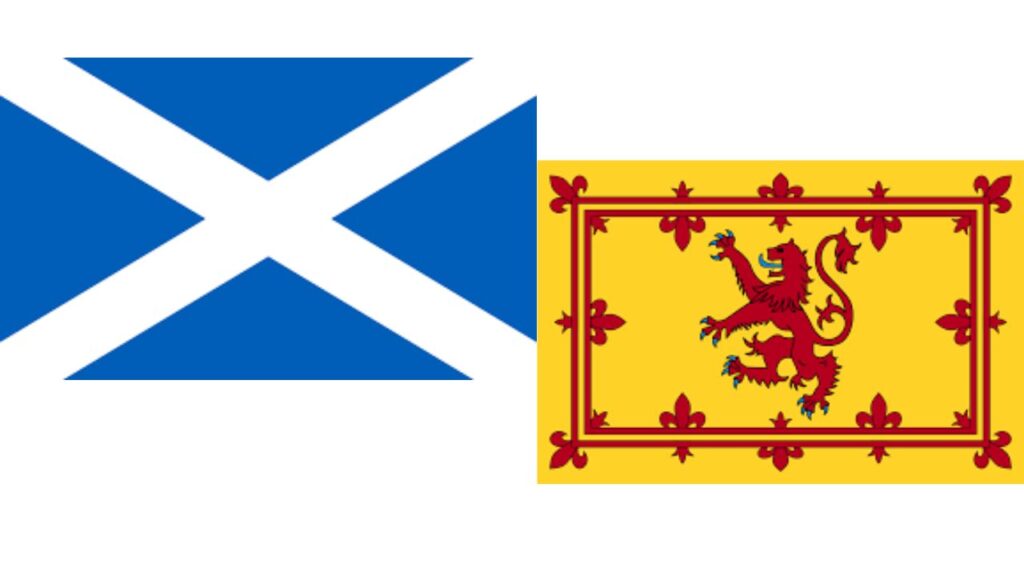 Side-by-side comparison of the Saltire and the Royal Banner of Scotland.
