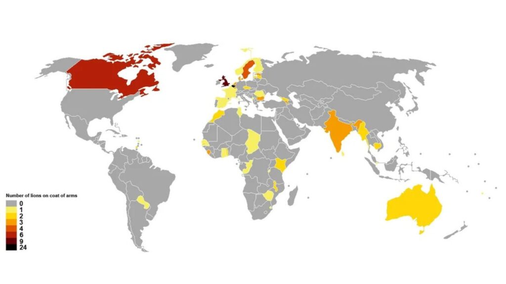 World map highlighting nations with lions in their flags or crests.